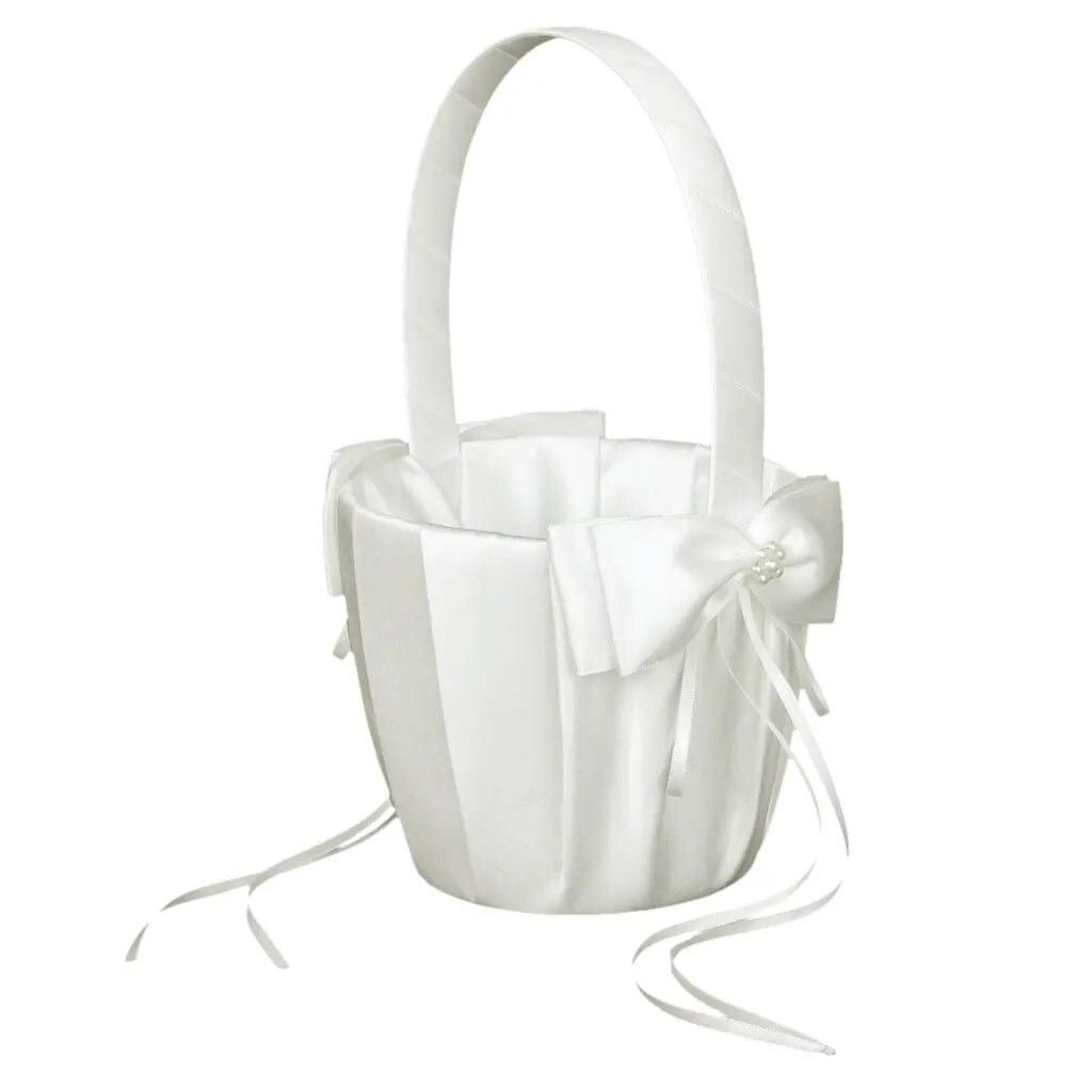 Faux Pearl Flower Wedding Flower Girl Basket Bowknot Decor Ivory