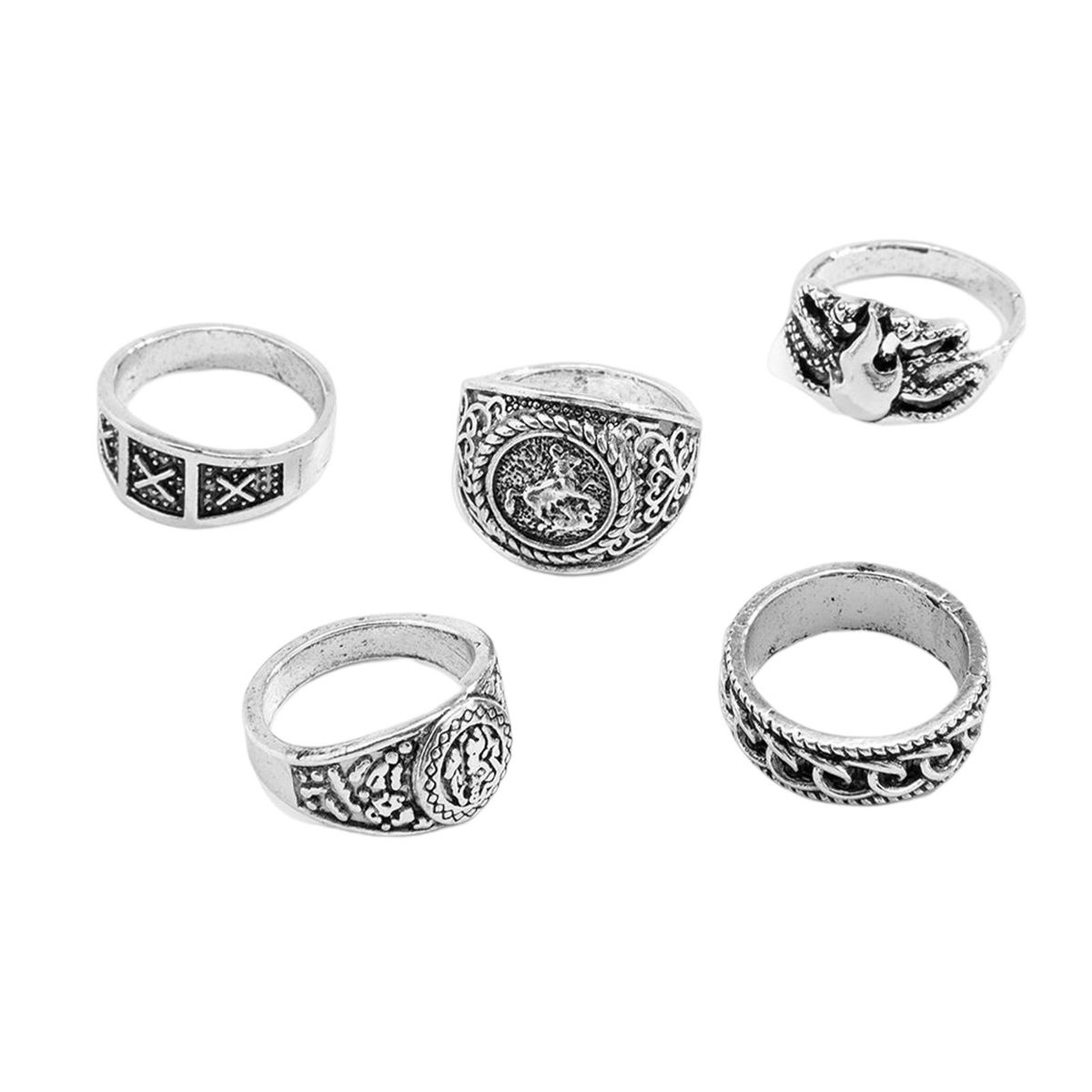 5Pcs Set Men Rings Gothic Style Engrave Finger Rings Silver