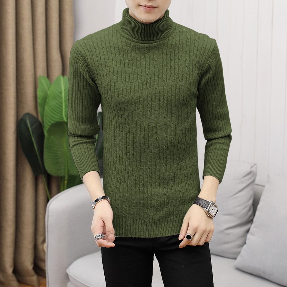 Men's Turtleneck Sweater Winter Casual Men's Knitted-Army Green