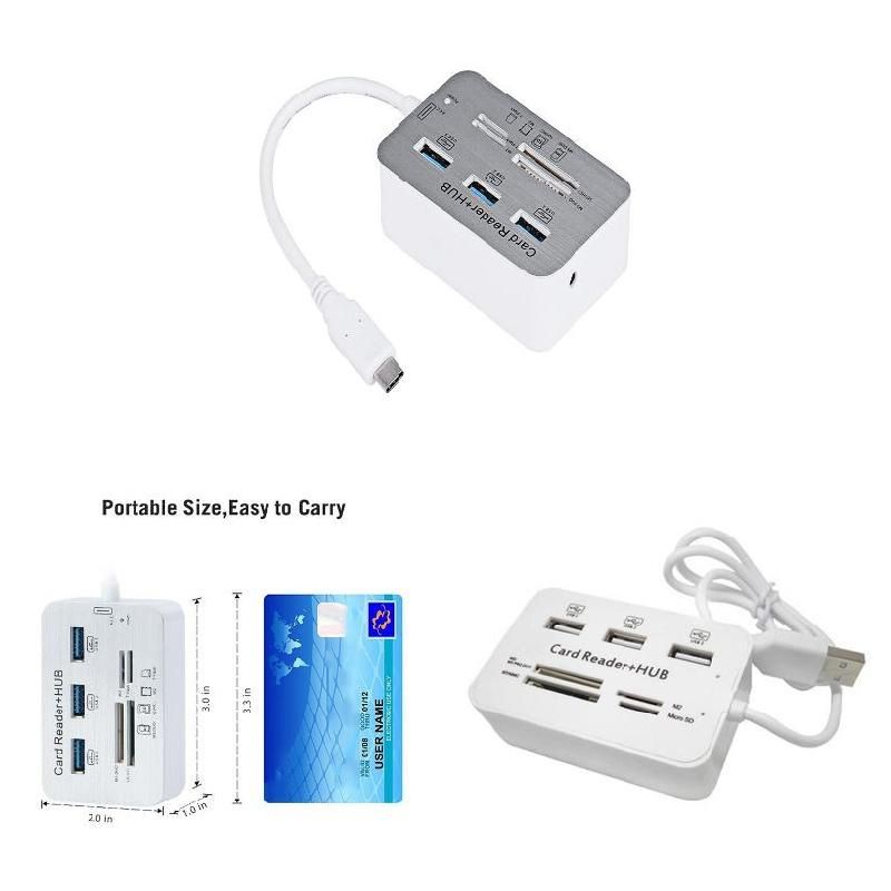 3 Port USB Multi-In-1 Hub MS SD M2 TF Memory Card Reader Aluminum Adapter