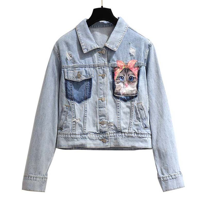 O21 BlueO Cat Embroidery Flower Ladies Jean Jacket