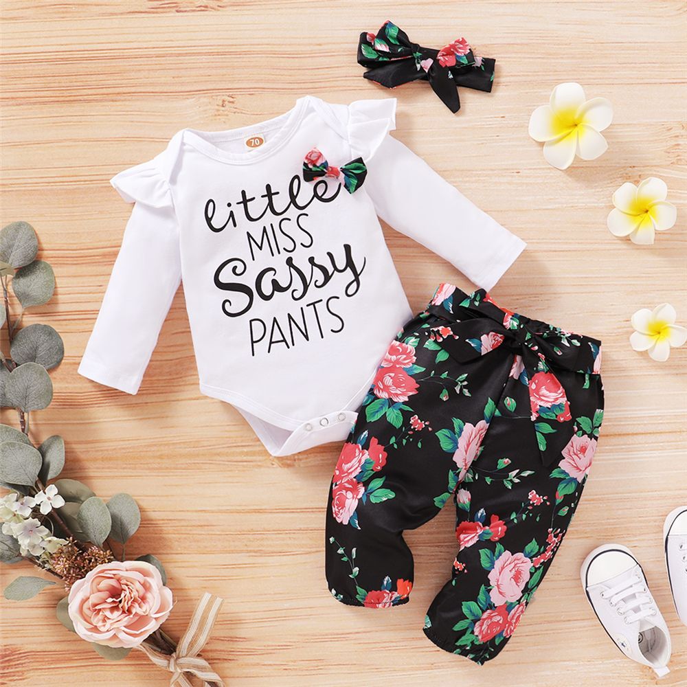 Baby Girls Outfit Letter Print Long Sleeve White Bodysuit + Floral Pants + Headband