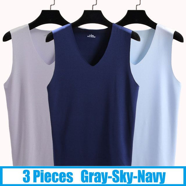 3PCS No Trace Cool Men Vest Tank  Underwear Mens Undershirt Shirts Male Bodyshaper Fitness Sleeveless Men's Running Vest 5XL(#gray Light Nevy)